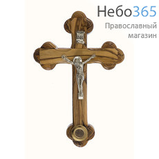  Крест деревянный Иерусалимский из оливы, с металлическим распятием, с 1 вставкой, высотой 13-14 см, фото 1 