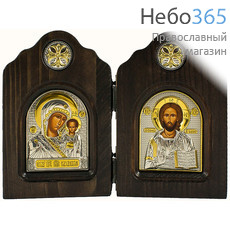  Складень-диптих деревянный 19х14х2 см, с иконой Спасителя и Казанской иконой Божией Матери, шелкография, посеребренные и позолоченные ризы (BК2-DG) (Ж), фото 1 