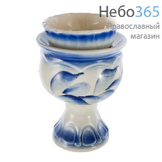  Лампада настольная керамическая "Кубок" со стаканом, средняя, с белой эмалью и росписью под "Гжель", высотой 10,5 см, фото 1 