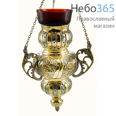  Лампада подвесная латунная Каскад, трехярусная, с чеканкой, с позолотой, с посеребрением, с чернением, высотой 28,5 см, фото 1 