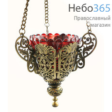  Лампада подвесная металлическая литая, ажурная, со стаканом, с покрытием под бронзу, с цепью Серафимы, высотой 15,5 см, У11147, фото 1 