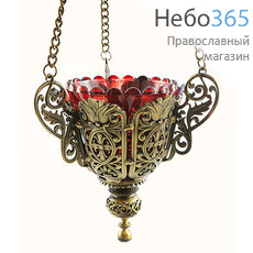  Лампада подвесная металлическая литая, ажурная, со стаканом, с покрытием под бронзу, с цепью Серафимы, высотой 15,5 см, У11147 цвет: медь, фото 1 