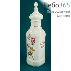  Сосуд керамический для святой воды, Квадрат, с белой глазурью и деколью Пурпурная роза, с золотом,, фото 1 