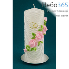  Свеча парафиновая 2108, Пеньковая с розами, жемчужная, со светодиодами, переливающаяся, фото 1 
