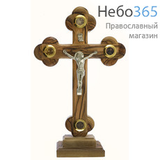  Крест деревянный Иерусалимский из оливы, с металлическим распятием, на подставке, с 4 вставками, высотой 23,5 см, фото 1 