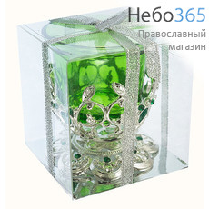 Лампада настольная металлическая Жемчужная чаша с цветным стаканом, высотой 7,5 см, в подарочной упаковке, LS-7293-21 цвет: зеленый, фото 1 