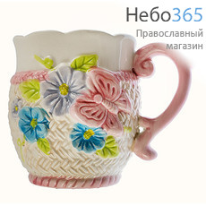  Чашка керамическая бокал, с имитацией вязаной оплетки, высотой 9,5 см, объемом 320 мл, 36397 Цвет : бело - розовый, фото 1 