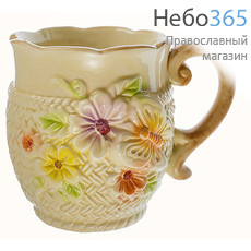  Чашка керамическая бокал, с имитацией вязаной оплетки, высотой 9,5 см, объемом 320 мл, 36397 Цвет : бежево - коричневый, фото 1 