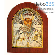  Икона в ризе EK499-ХAG 16х19, шелкография, посеребрение, позолота, на деревянной основе, со стразами, арочная Николай Чудотворец, святитель, фото 1 