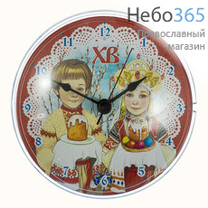  Часы - пасхальный сувенир настенные, с акриловым корпусом, на магните, с изображением мальчика и девочки, на кружевном фоне, диам. 10 см, чак012, фото 1 