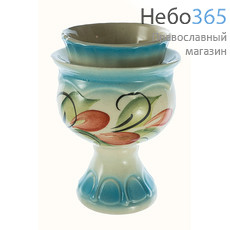 Лампада настольная керамическая "Кубок" со стаканом, средняя, с белой эмалью и цветной росписью, высотой 10,5 см, фото 1 