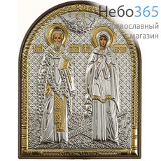  Икона в ризе (Ж) EK3-PAG 8,5х10,5, священномученик Киприан и мученица Иустина, шелкография, серебрение, золочение, на пластиковой основе, фото 1 