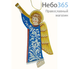  Ангел, фигура деревянный расписной, на подвеске, с трубой, высотой 27,5 см, ручная роспись, фото 1 