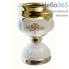  Лампада настольная керамическая Кубок, средняя, на высокой ножке, с эмалью и золотом цвет: белый, фото 1 