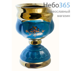  Лампада настольная керамическая Кубок, средняя, на высокой ножке, с эмалью и золотом цвет: голубой, фото 1 
