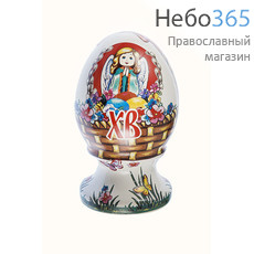  Яйцо пасхальное керамическое на цельной подставке, с белой глазурью, с цветной сублимацией "Корзиночка", высотой 9 см, фото 1 
