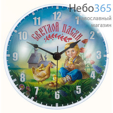  Часы - пасхальный сувенир акриловые, настенные, с двумя магнитами, Мальчик с курицей, диаметром 10,5 см, чак020, фото 1 