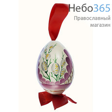  Яйцо пасхальное керамическое большое, подвесное, с белой глазурью, с росписью "Верба", с золотом, 6603, фото 1 