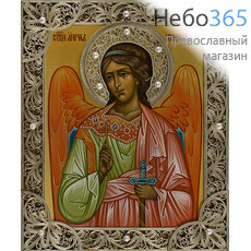 Ангел Хранитель. Икона писаная 17х21 см, золотой фон, посеребренная мельхиоровая скань, жемчуг (Стп), фото 1 
