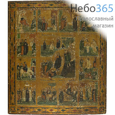 Воскресение Христово с праздниками. Икона писаная 30х34,5, 19 век, реставрация, фото 1 