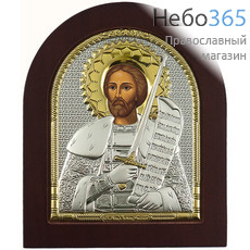  Александр Невский, благоверный князь. Икона 11х13 см, шелкография, в ризе с серебрением и золочением, на деревянной основе, арочная, на подставке (EK3-ХАG) (Ж), фото 1 