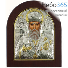  Икона в ризе EK3-ХАG 11х13, святитель Николай Чудотворец, шелкография, серебрение, золочение, на деревянной основе, арочная, на подставке, фото 1 