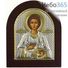  Пантелеимон, великомученик. Икона 11х13 см, шелкография, в ризе с серебрением и золочением, на деревянной основе, арочная, на подставке (EK3-ХАG) (Ж), фото 1 