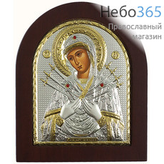  Икона в ризе EK3-ХАG 11х13, Божией Матери Семистрельная, шелкография, серебрение, золочение, на деревянной основе, арочная, на подставке, фото 1 
