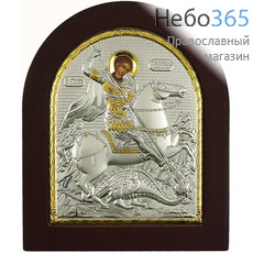 Георгий Победоносец, великомученик. Икона 11х13 см, шелкография, в ризе с серебрением и золочением, на деревянной основе, арочная, на подставке (EK3-ХАG) (Ж), фото 1 
