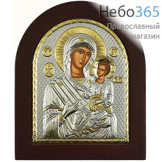  Одигитрия икона Божией Матери. Икона 11х13 см, шелкография, в ризе с серебрением и золочением, на деревянной основе, арочная, на подставке (EK3-ХАG) (Ж), фото 1 