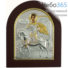  Димитрий Солунский, великомученик. Икона в ризе 15х19 см, шелкография, серебрение, золочение, арочная, на деревянной основе (EK4-ХАG) (Ж), фото 1 