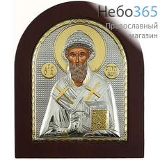  Икона в ризе EK4-ХАG 15х19, святитель Спиридон Тримифунтский, шелкография, серебрение, золочение, арочная, на деревянной основе, фото 1 