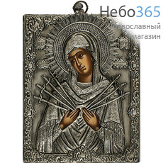  Семистрельная икона Божией Матери. Икона писаная (Гн) 13,5х17,5, в посеребренной ризе (№119), фото 1 