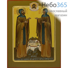  Петр и Феврония, благоверные князь и княгиня, в монашеском облачении. Икона писаная 22х28, цветной фон, золотые нимбы, с ковчегом, фото 1 