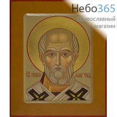  Николай Чудотворец, святитель. Икона писаная (Ос) 17х21, цветной фон, золотой нимб, с ковчегом, фото 1 