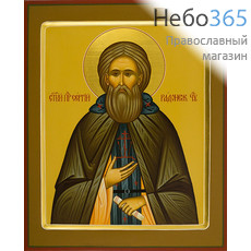  Сергий Радонежский, преподобный. Икона писаная 22х28 см, цветной фон, золотой нимб, с ковчегом (Шун), фото 1 