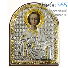  Пантелеимон, великомученик. Икона в ризе СП-01 6,5х8, полиграфия, серебрение, золочение, арочная, на деревянной основе,, фото 1 