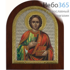  Пантелеимон, великомученик. Икона на деревянной основе 19х24 см, шелкография, в посеребренной и позолоченной открытой ризе, арочная (RS 5 DZG) (СмП), фото 1 