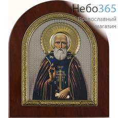  Сергий Радонежский, преподобный. Икона на деревянной основе 14,5х18 см, шелкография, в посеребренной и позолоченной открытой ризе, арочная (RS 4 DZG) (СмП), фото 1 