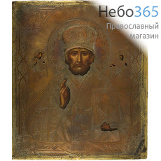  Николай Чудотворец, святитель. Икона писаная 27х31,5, в ризе, 19 век, фото 1 