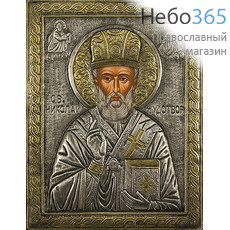  Николай Чудотворец, святитель. Икона шелкография 15х20, 5S, в посеребренной, позолоченной ризе, фото 1 