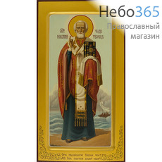  Николай Чудотворец, святитель. Икона писаная (У) 18х33х3,8, золотой нимб, цветной фон, с ковчегом, фото 1 