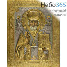  Николай Чудотворец, святитель. Икона писаная 17х22х2,5, в ризе, фото 1 