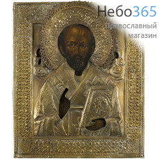  Николай Чудотворец, святитель. Икона писаная 22,5х27 см, в ризе, 19 век (Кж), фото 1 