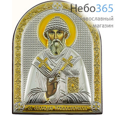  Спиридон Тримуфунтский, святитель. Икона в ризе СП-02 10х12, полиграфия, серебрение, золочение, арочная, на деревянной основе,, фото 1 