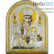  Николай Чудотворец, святитель. Икона в ризе СП-02 10х12, полиграфия, серебрение, золочение, арочная, на деревянной основе,, фото 1 