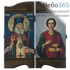  Складень деревянный 20х22, двойной, святитель Лука, великомученик Пантелеимон, печать на холсте, фигурный, фото 1 