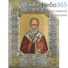  Николай Чудотворец, святитель (поясной). Икона шелкография (Гн) 15х20, 5SR, в посеребренной ризе, фото 1 