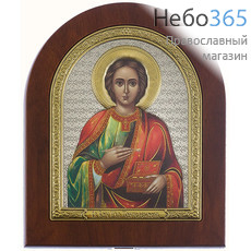  Пантелеимон, великомученик. Икона на деревянной основе 14,5х18 см, шелкография, в посеребренной и позолоченной открытой ризе, арочная (RS 4 DZG) (СмП), фото 1 