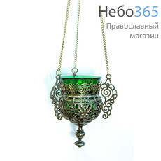  Лампада подвесная бронзовая № 16, литая, ажурная, со стаканом, Цветы, высотой 13,5 см, фото 2 